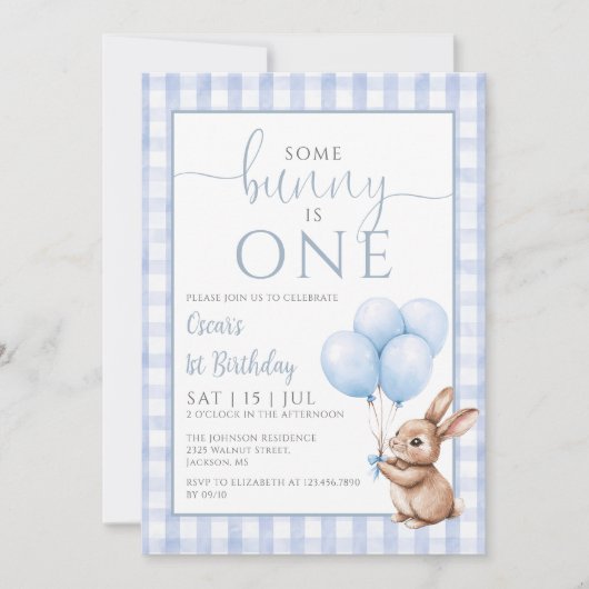 Invitation Bunny Blue Balloons Photo 1st Birthday Party (Devant)