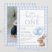 Invitation Bunny Blue Balloons Photo 1st Birthday Party (Devant / Derrière)