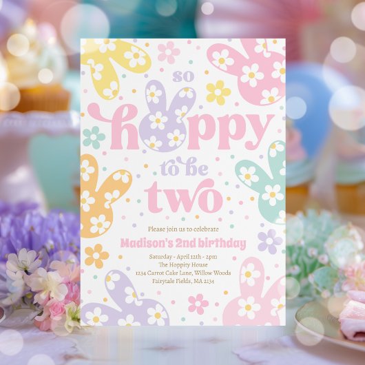 Invitation Bunny Daisy Floral Pastel Spring 2nd Birthday