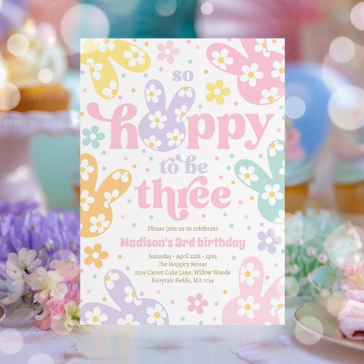 Invitation Bunny Daisy Floral Pastel Spring 3rd Birthday