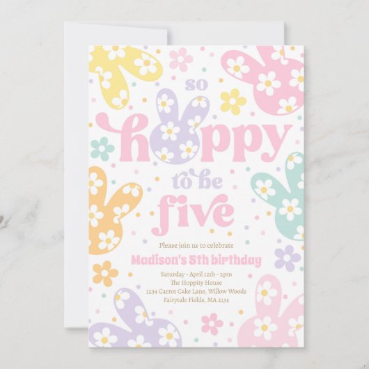Invitation Bunny Daisy Floral Pastel Spring 5th Birthday (Devant)