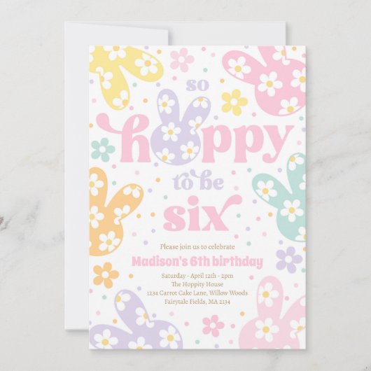Invitation Bunny Daisy Floral Pastel Spring 6th Birthday (Devant)