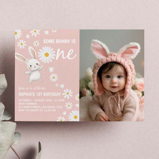 Invitation Bunny Daisy Rose Girl Anniversaire Photo Invitatio