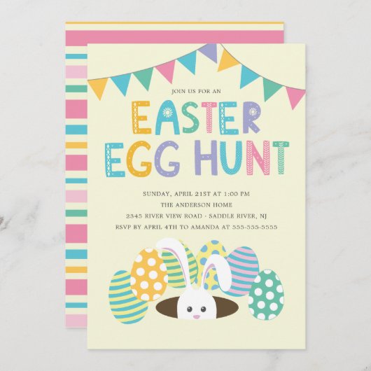 Invitation Bunny de Pâques coloré Fête de chasse aux oeufs de (Devant / Derrière)