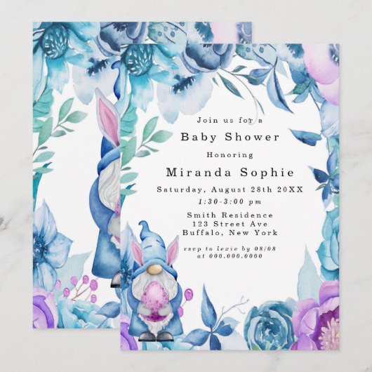 Invitation Bunny de Pâques Gnome Purple Blue Peony Baby showe (Devant / Derrière)