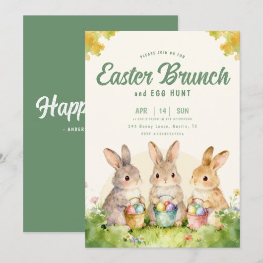 Invitation  Bunny Easter Brunch Egg Hunt Pastel Watercolor (Devant / Derrière)