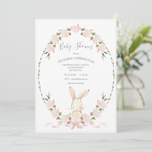 Invitation Bunny Floral Hydrangeas Pink Girl Baby Shower (Debout devant)