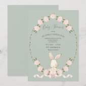 Invitation Bunny Floral Hydrangeas Sage Girl Baby Shower (Devant / Derrière)