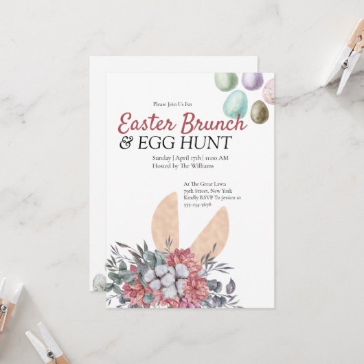 Invitation Bunny floral Pâques Brunch Chasse aux oeufs Invita (Devant/Arrière en situation)