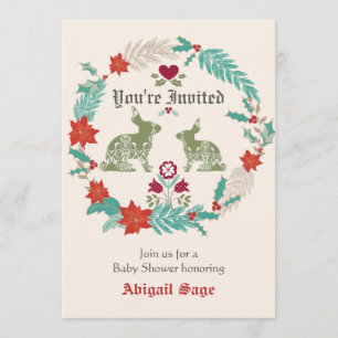 Invitation Bunny Folk Art Wreath Hiver Baby shower neutre