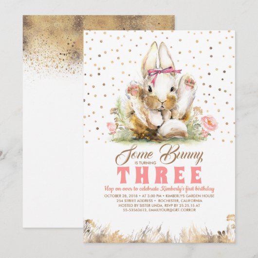 Invitation Bunny Gold Parties scintillant rose Floral Anniver (Devant / Derrière)