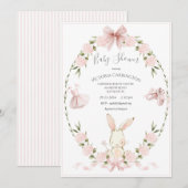 Invitation Bunny Hydrangeas Pink Girl Ballerina Baby (Devant / Derrière)