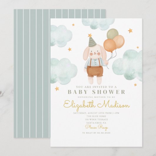 Invitation Bunny mignon rose et balons Baby shower nuage (Devant / Derrière)