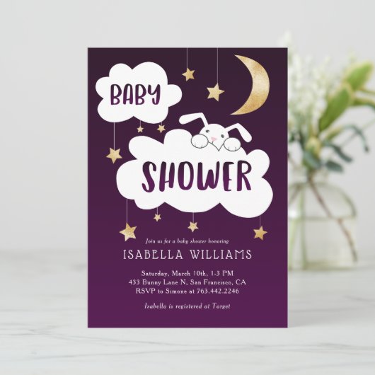 Invitation Bunny Moon Stars Purple Gold Baby shower (Debout devant)
