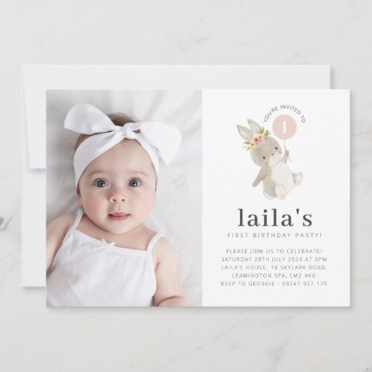 Invitation Bunny Pink Balloon Photo 1er Anniversaire Invitati (Devant)