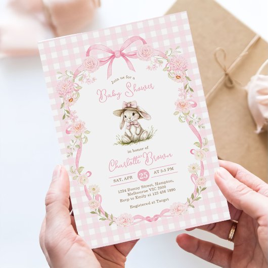 Invitation Bunny Pink Bow Gingham Baby Shower