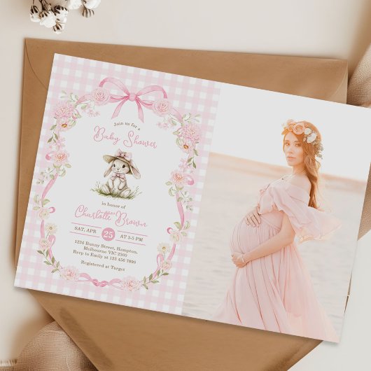 Invitation Bunny Pink Bow Gingham Baby Shower Photo
