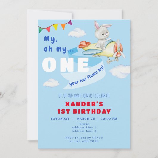 Invitation Bunny Plane Pilote un an Flown par 1er anniversair (Devant)
