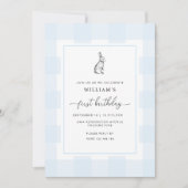 Invitation Bunny Rabbit Bleu En vichy 1er Anniversaire Invita (Devant)