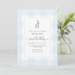 Invitation Bunny Rabbit Bleu En vichy 1er Anniversaire Invita<br><div class="desc">Célébrez le premier anniversaire de votre fils avec cette invitation classique en vichy baby shower garçon. Le design se compose d'un design en vichy intemporel et d'un lapin dessiné à la main. L'en-tête de script "premier anniversaire" est une image qui ne peut pas être modifiée. L'image de titre peut être...</div>