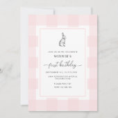 Invitation Bunny Rabbit rose En vichy 1er anniversaire Invita (Devant)