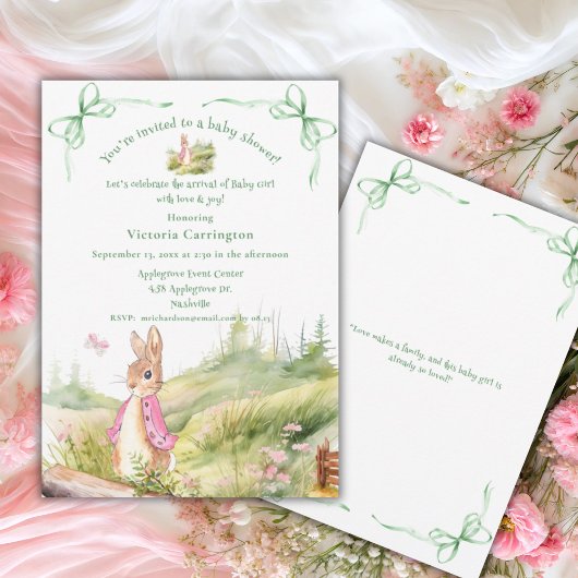 Invitation Bunny Rose Bows Baby shower Whimsical