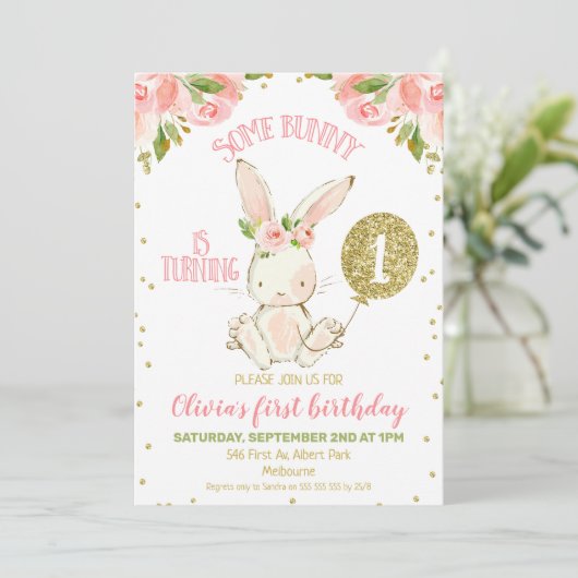 Invitation Bunny rose et or floral 1er anniversaire (Debout devant)