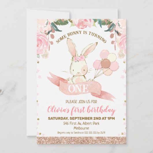 Invitation Bunny rose et or Rose Floral 1er anniversaire (Devant)