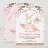 Invitation Bunny rose et or Rose Floral 1er anniversaire (Devant / Derrière)