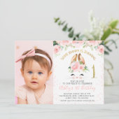 Invitation Bunny rose floral visage photo 1er anniversaire (Debout devant)
