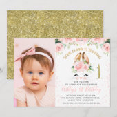 Invitation Bunny rose floral visage photo 1er anniversaire (Devant / Derrière)