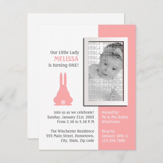 Invitation Bunny rose photo Anniversaire (Devant / Derrière)