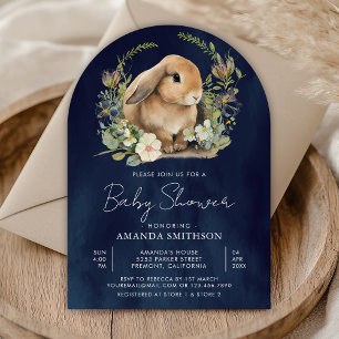 Invitation Bunny Sage Vert Floral Marine Baby shower Arc Bleu