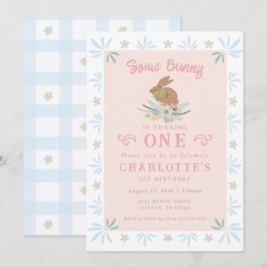 Invitation Bunny Sweet Pink Blue Kid 1er fête d'anniversaire (Devant / Derrière)