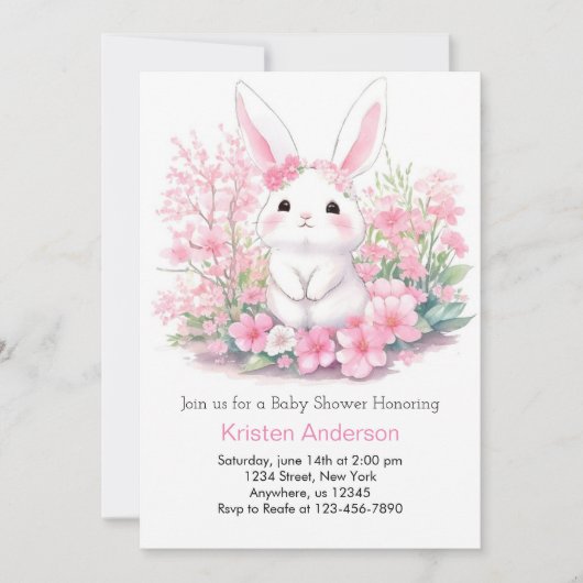 Invitation Bunny's Pink Woodland Adventure Baby shower (Devant)