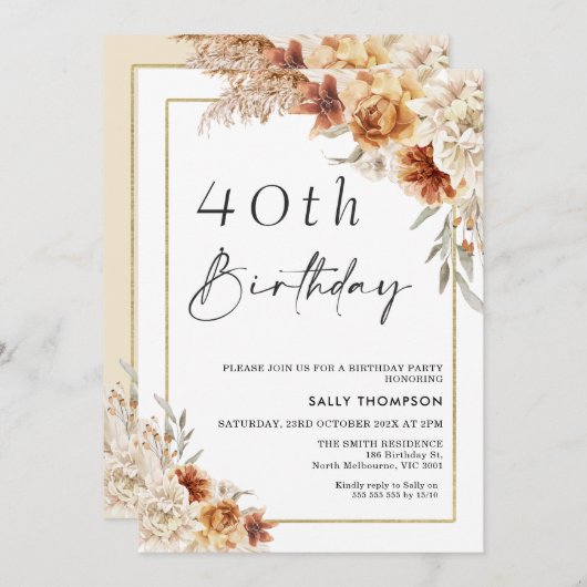 Invitation Burange Boho Pampas Grass Gold Frame Anniversaire (Devant / Derrière)