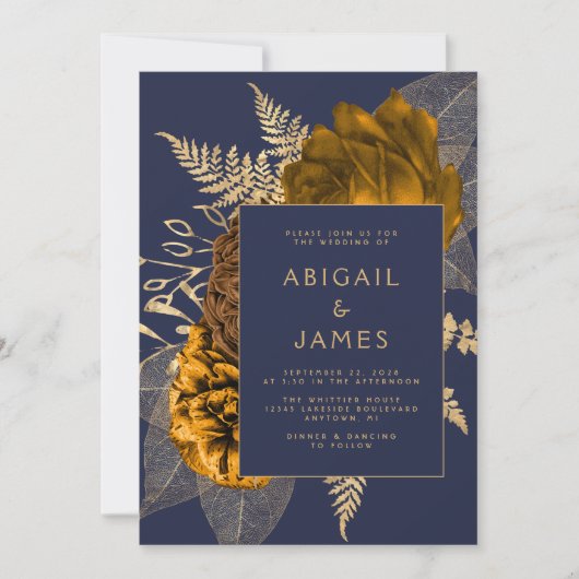 Invitation Burange or Floral Marine bleu QR Code Mariage (Devant)