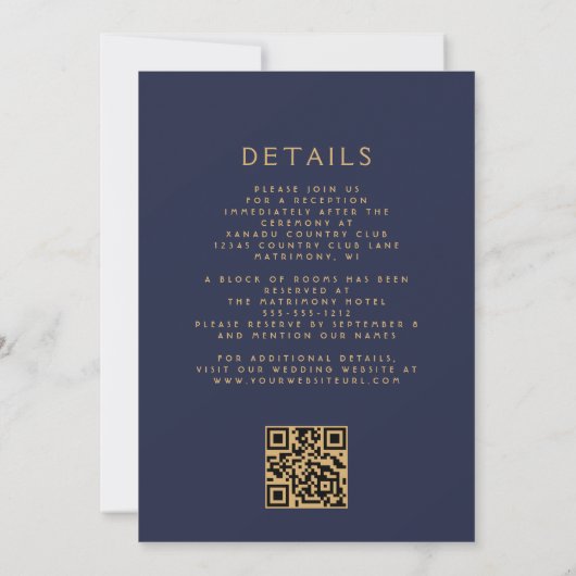 Invitation Burange or Floral Marine bleu QR Code Mariage (Dos)