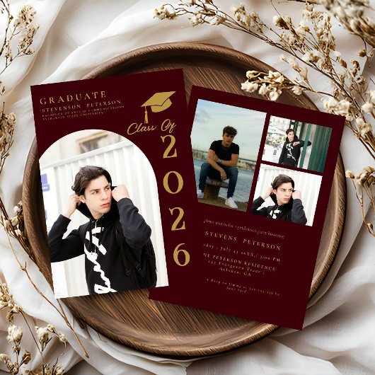 Invitation Burdundy  and Gold Photo Graduation