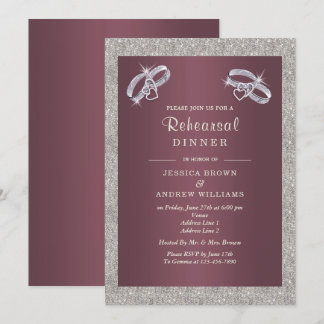 Invitation Burgandy, Sparkly Silver Rings Dîner De Répétition