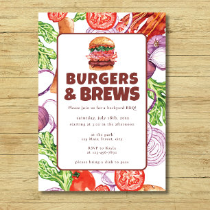 Invitation Burger BBQ du Jardin budgétaire et aquarelle brass