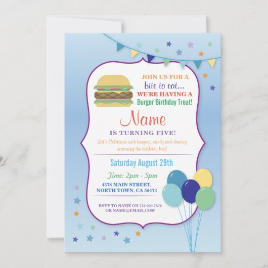 Invitation Burger Birthday Party Blue Balloon Birthday Invita (Devant)