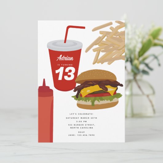 Invitation Burger de restauration rapide Frites BBQ Anniversa (Debout devant)