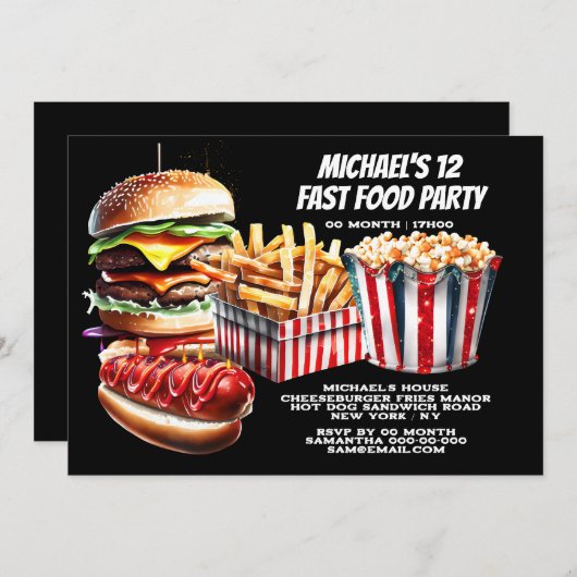 Invitation Burger frites hot dog carnaval fast food junk part (Devant / Derrière)