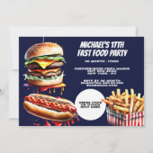 Invitation Burger frites hotdog fast food party bleu (Devant)