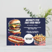 Invitation Burger frites hotdog fast food party bleu (Debout devant)