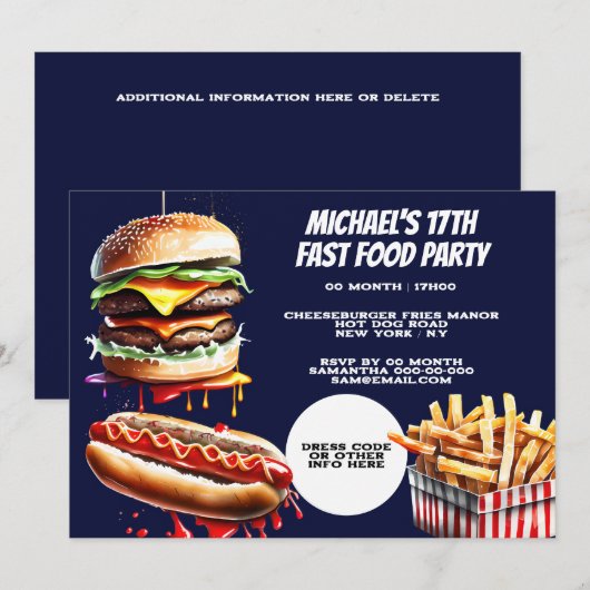 Invitation Burger frites hotdog fast food party bleu (Devant / Derrière)