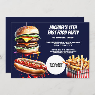 Invitation Burger frites hotdog fast food party bleu