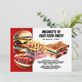 Invitation Burger frites hotdog fast food party rouge (Debout devant)