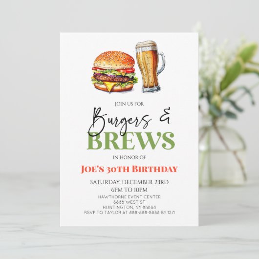 Invitation Burgers et brasses Bière Verre fête d'anniversaire (Debout devant)